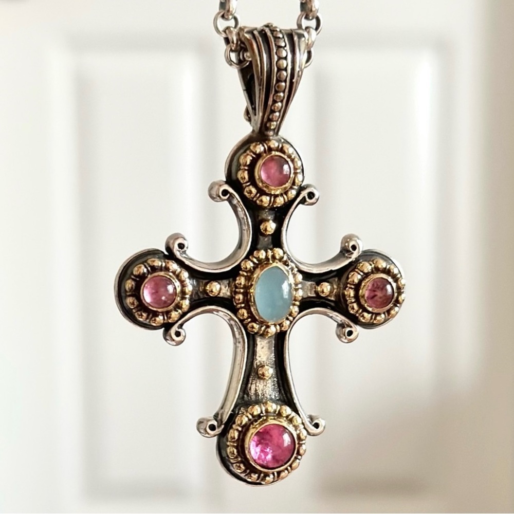 Konstantino Cross Pink Tourmaline and Aquamarine Gems - Picture 5 of 11